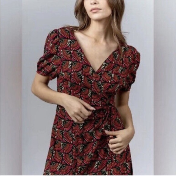 Silk & Salt Anthropologie Surplice Wrap Maroon Midi Dress Sz M - Picture 9 of 10